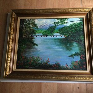 Original art painting landscape mountain bridge river flowers framed signed